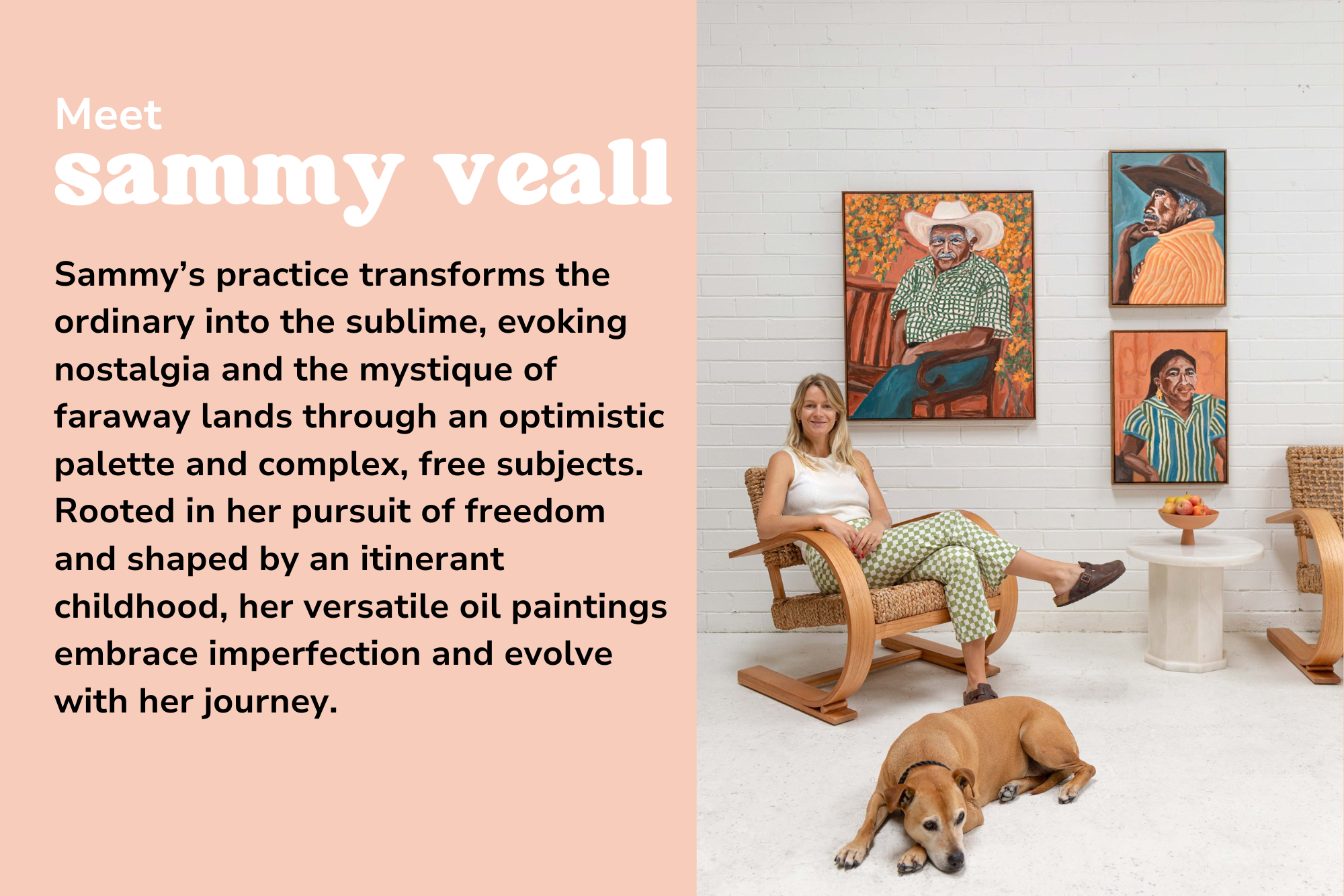 A photo of Sammy Veal sitting in a woodem chair with her dog and behind her are her paintings and some details about her
