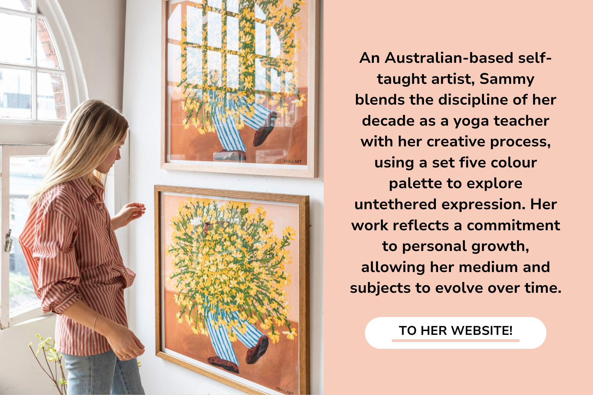 A photo of Sammy Veal and 2 of her paintings and some details about her