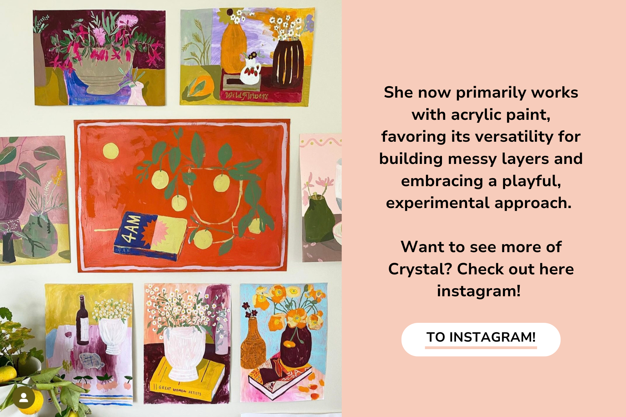 A photo of Cystal Knight's paintings and some info about her