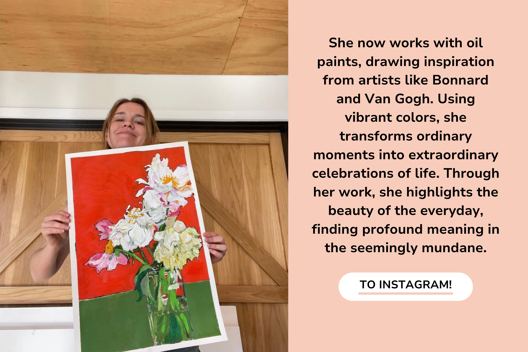 A photo of Jade holding her finished painting and some details about her.