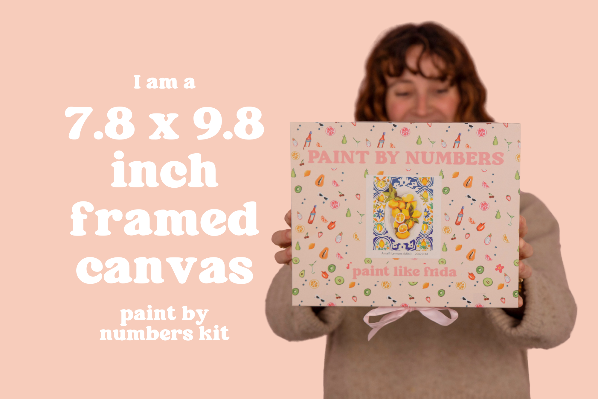 An infographic showing the dimensions of Paint Like Frida big mini framed kit - 7.8 x 9.8 inch framed canvas paint by numbers kit