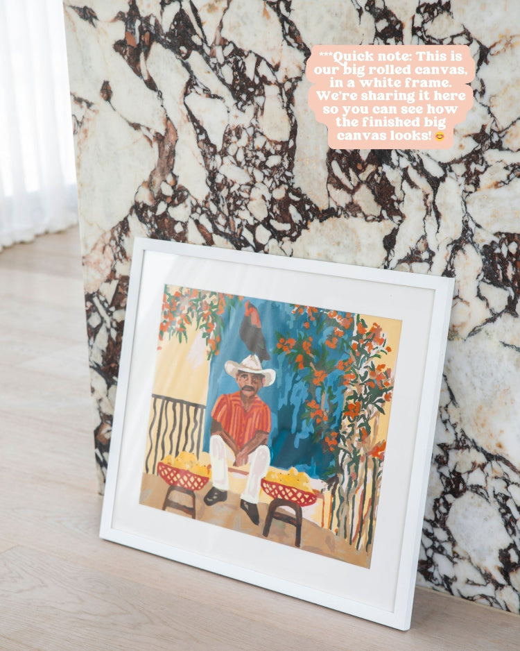 Paint Like Frida Man and a Chicken big rolled canvas paint by numbers in white frame