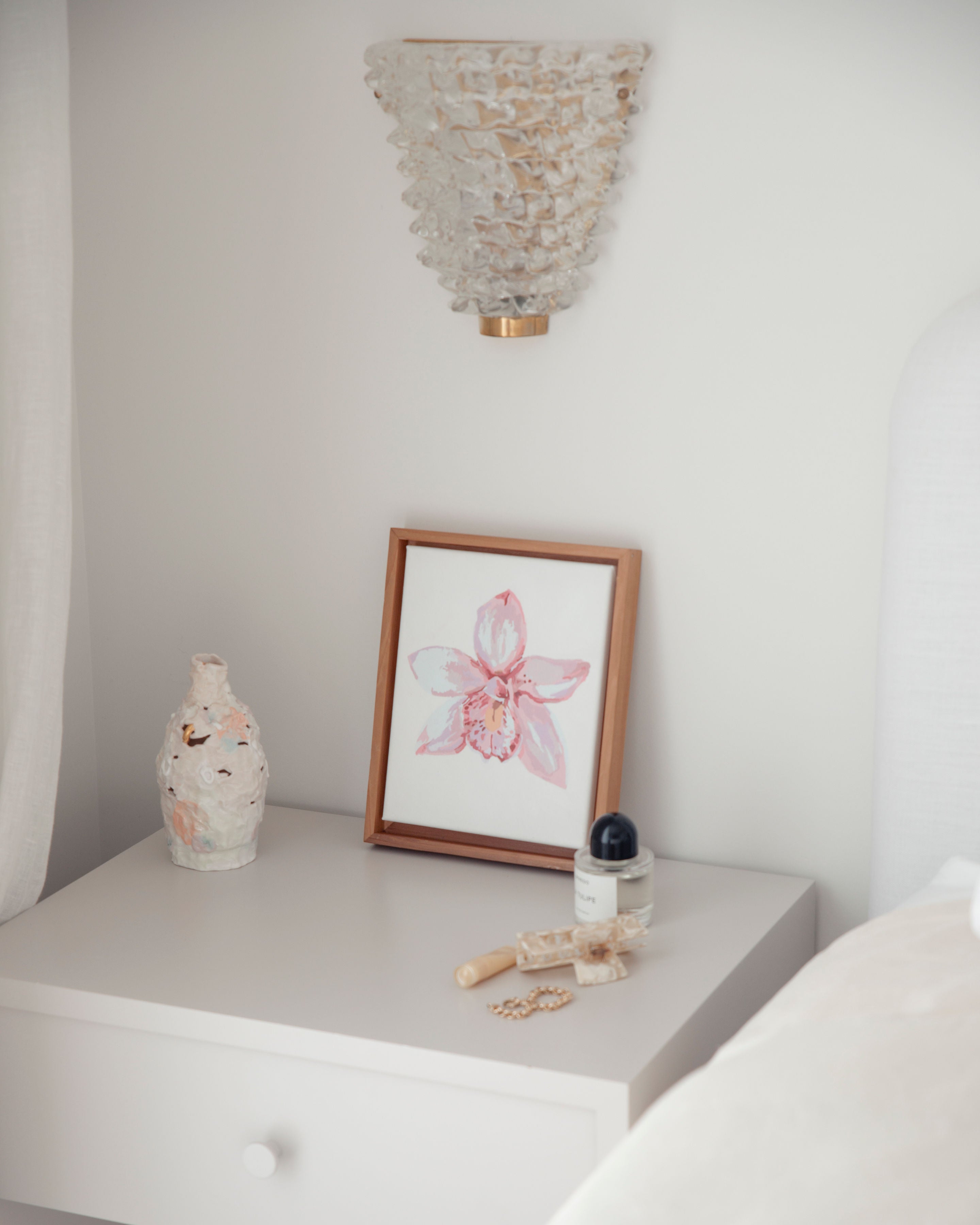 Paint Like Frida Orchid II mini framed Canvas attached to a customized wooden frame on top of a bedside table