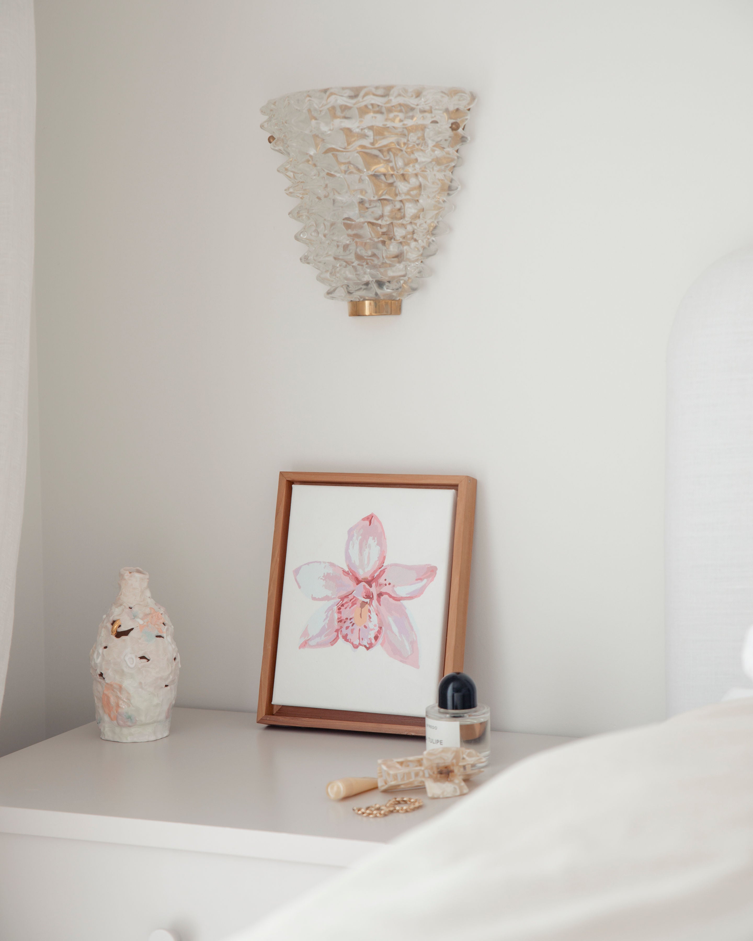 Paint Like Frida Orchid II mini framed Canvas attached to a customized wooden frame on top of a bedside table