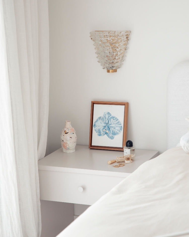 Paint Like Frida Orchid III mini framed Canvas attached to a customized wooden frame on top of a bedside table