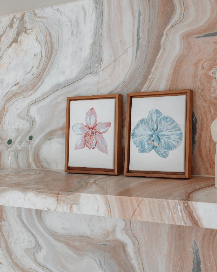 Paint Like Frida Orchid II and Orchid III mini framed Canvases attached to custom wooden frames