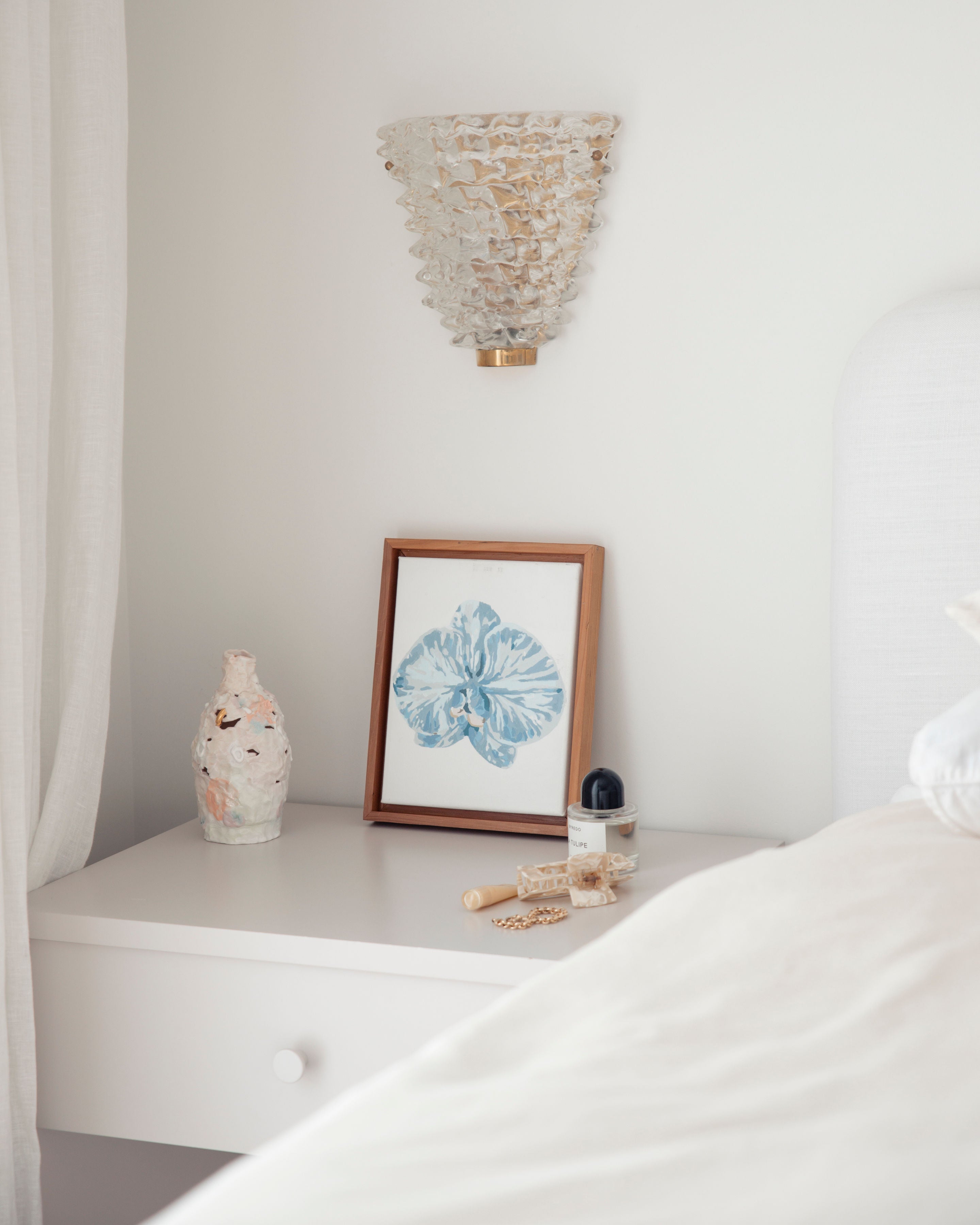 Paint Like Frida Orchid III mini framed Canvas attached to a customized wooden frame on top of a bedside table