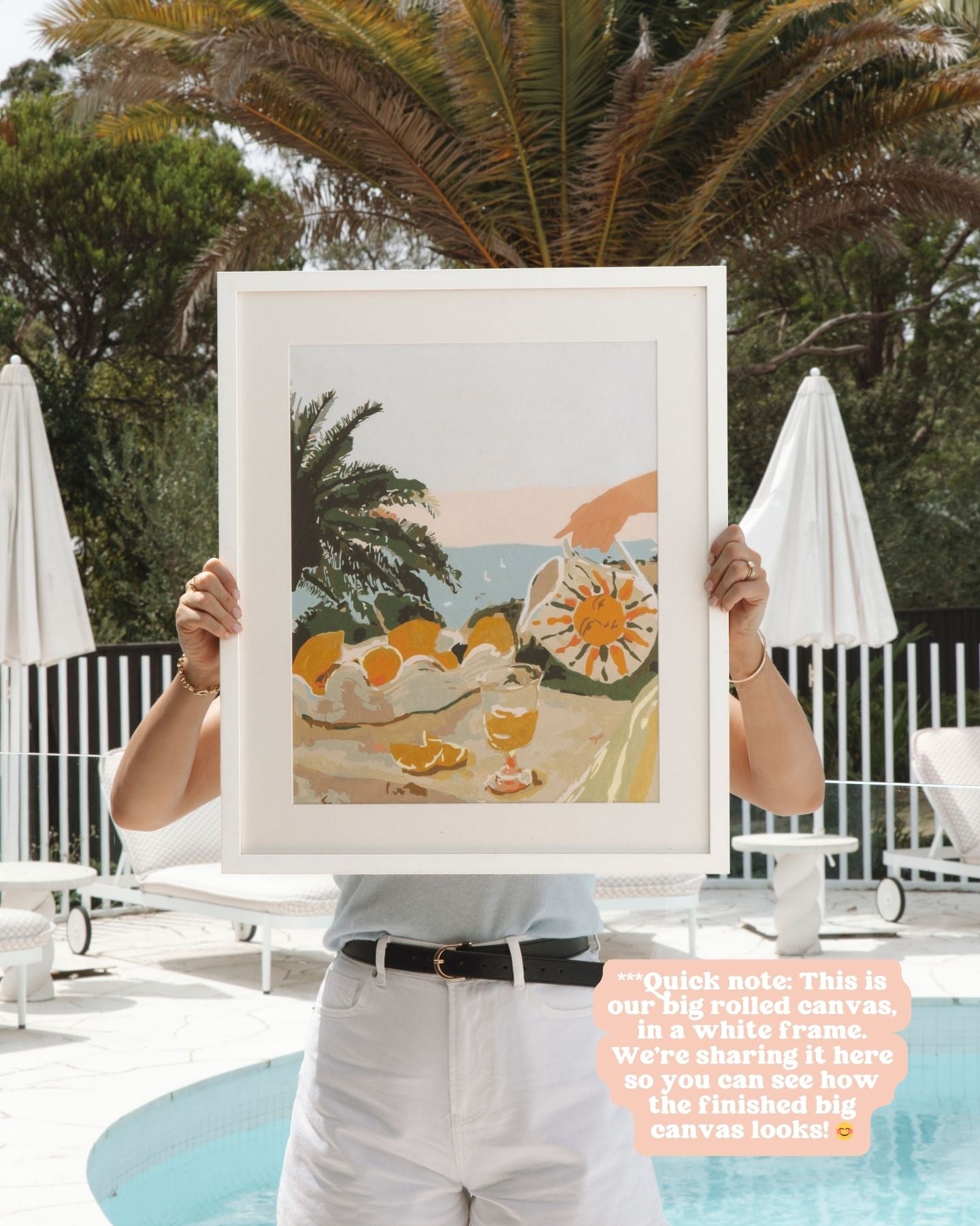 Paint Like Frida Sun & Lemons Big Rolled Canvas in a white frame