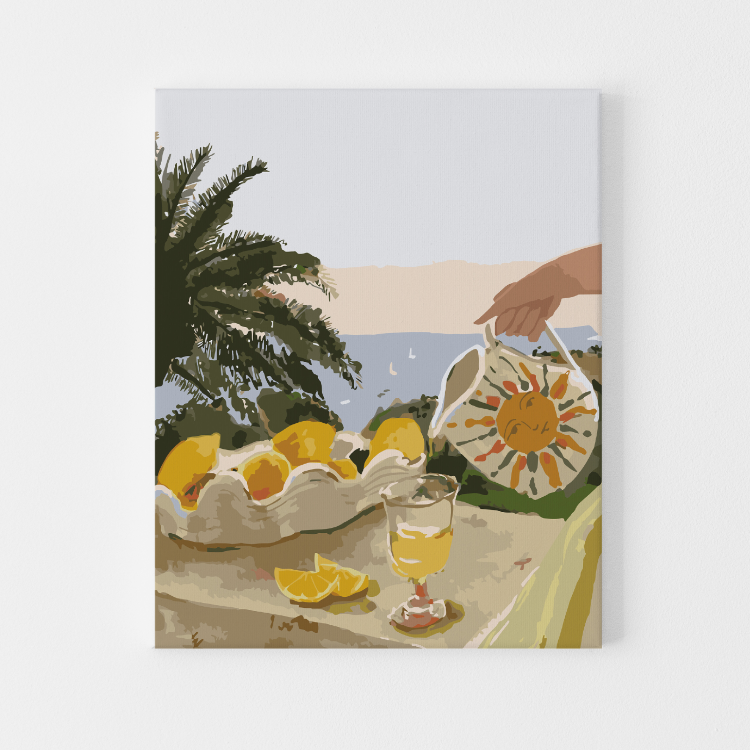 Framed Paint by Numbers painting hanging on a wall, adding a touch of creativity to the room. - Paint Like Frida Sun & Lemons completed kit