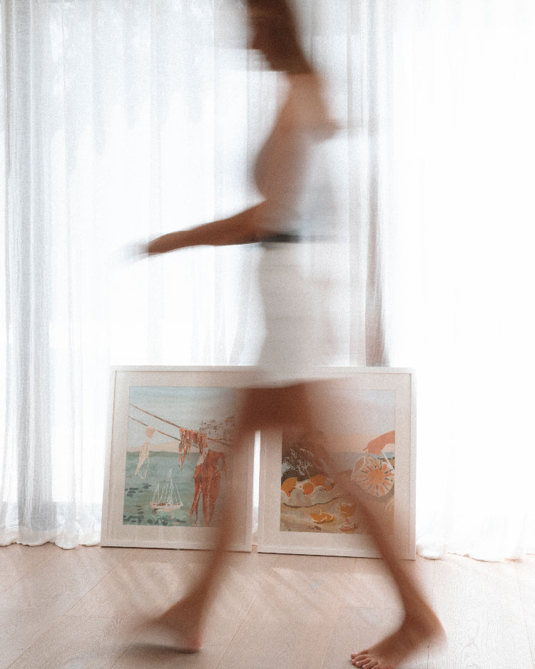 Paint Like Frida Laundry and Sun & Lemons Big Rolled Canvas in white frames