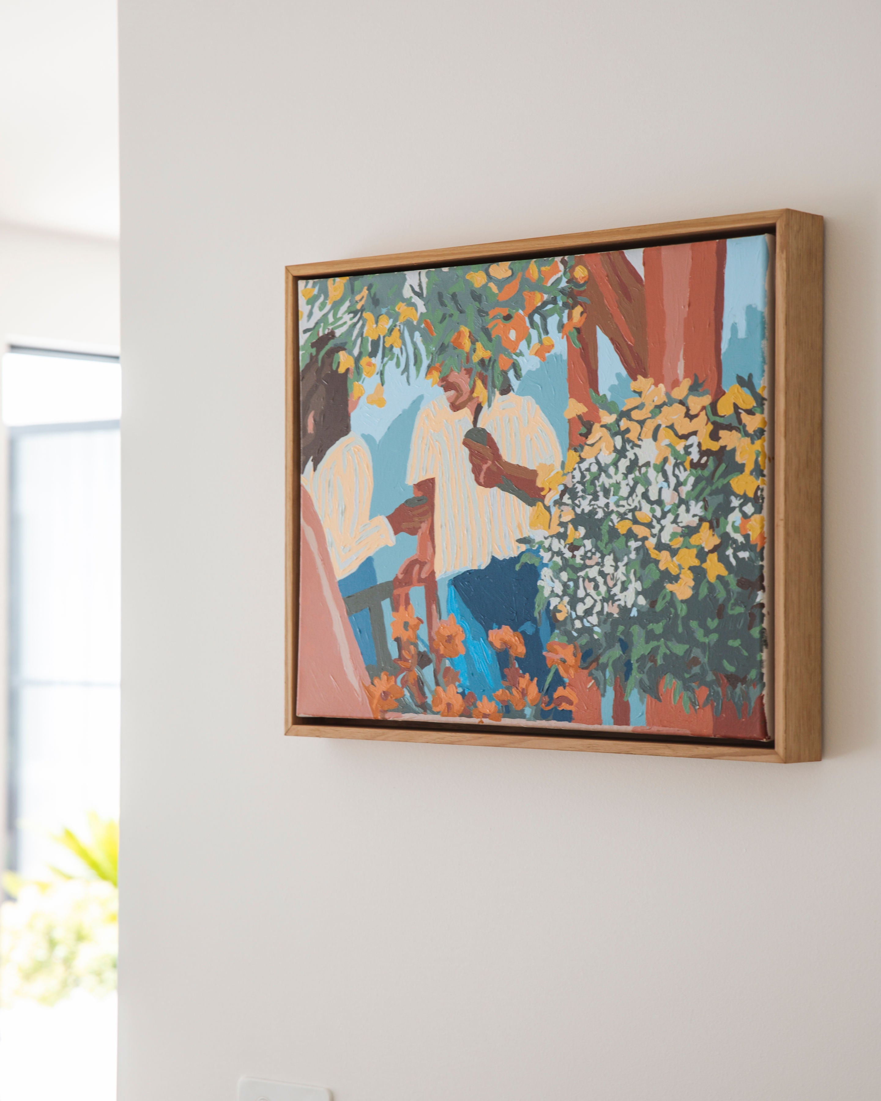 Paint Like Frida Tea in the Afternoon big framed canvas paint by numbers placed in a custom wooden frame for extra accent