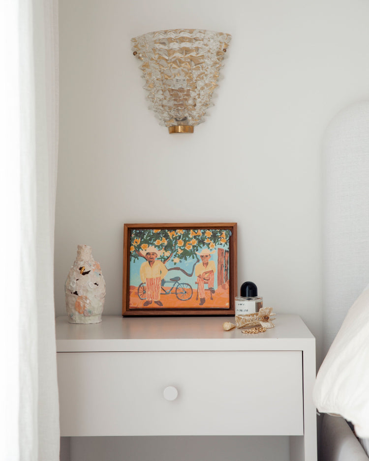 Paint Like Frida Two Cups of Gold Mini Framed Canvas placed in a customised wooden frame on top of a bedside table