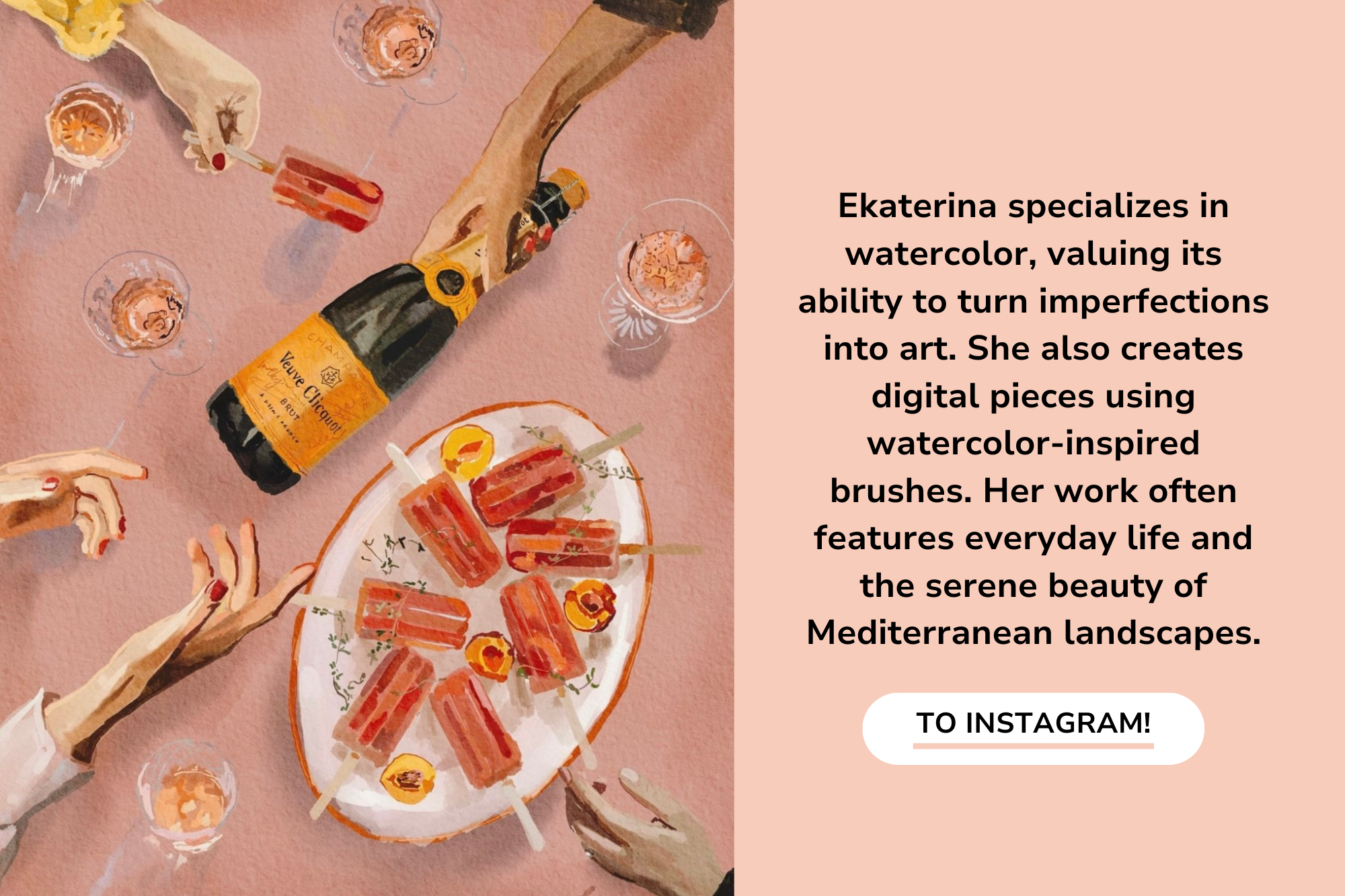 A photo of Ekaterina's painting and something about her specialisation in using watercolour.