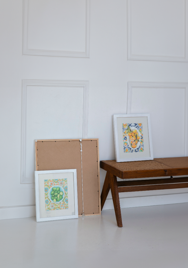 Paint Like Frida - Amalfi Lemons Mini Rolled Paint by Numbers Kit - Size 7.8 x 9.8 inches Mini Rolled Canvas - Amalfi Lemons Mini Rolled in white frame - Soda Lime Mini Rolled in white frame