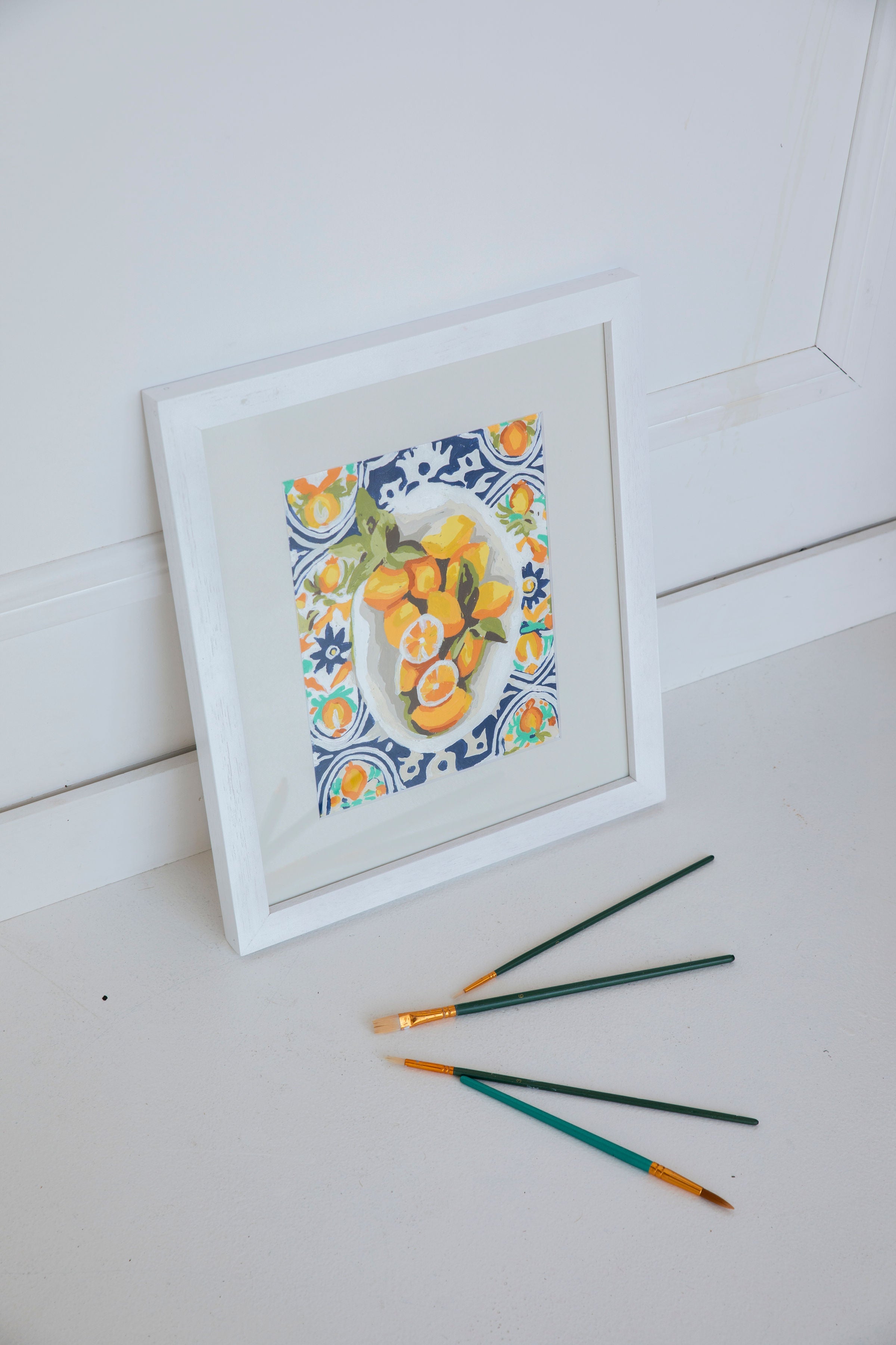 Paint Like Frida - Amalfi Lemons Mini Rolled Paint by Numbers Kit - Size 7.8 x 9.8 inches Mini Rolled Canvas - Amalfi Lemons Mini Rolled in white frame