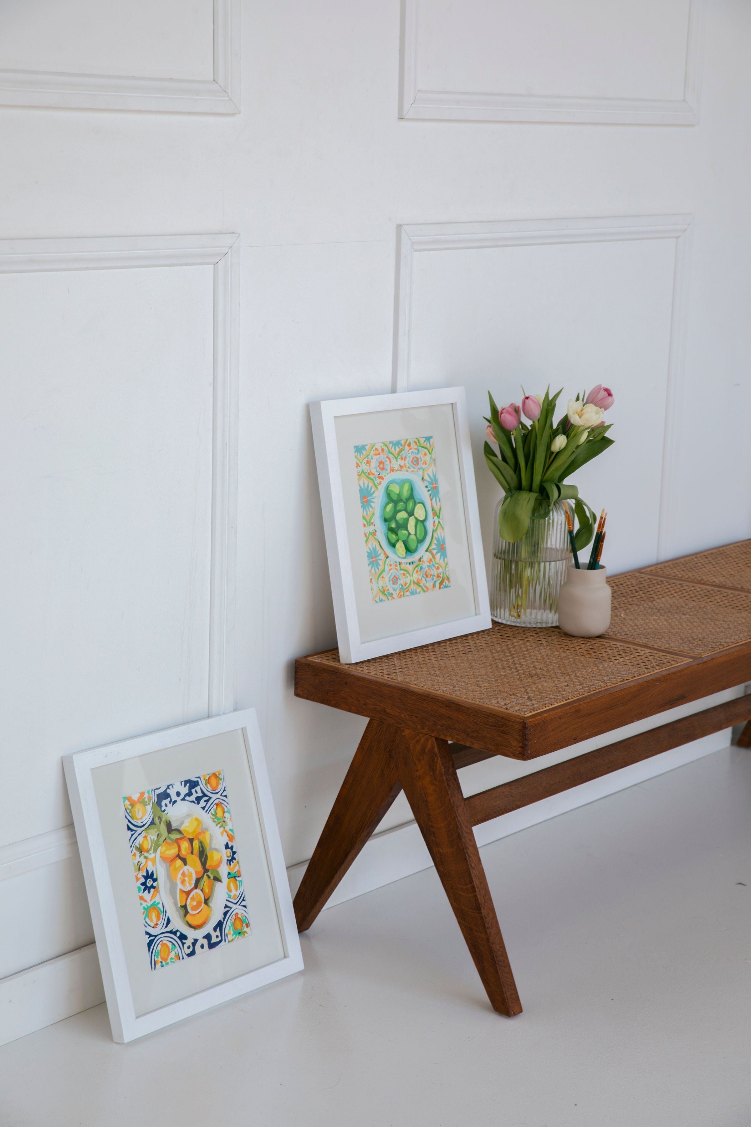 Paint Like Frida - Amalfi Lemons Mini Rolled Paint by Numbers Kit - Size 7.8 x 9.8 inches Mini Rolled Canvas - Amalfi Lemons Mini Rolled in white frame - Soda Lime Mini Rolled in white frame