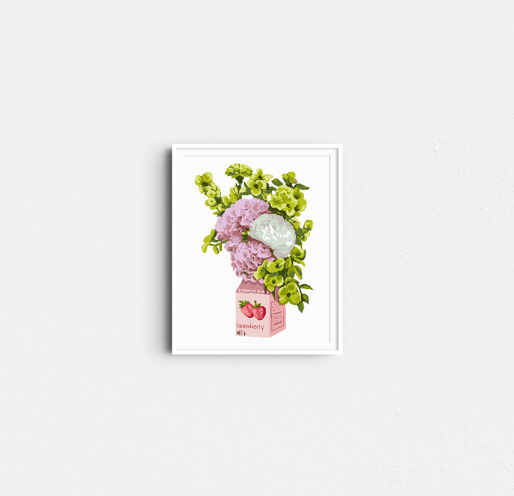 Completed Paint Like Frida Strawberry Milk mini rolled canvas painting in white frame hanging on the wall.