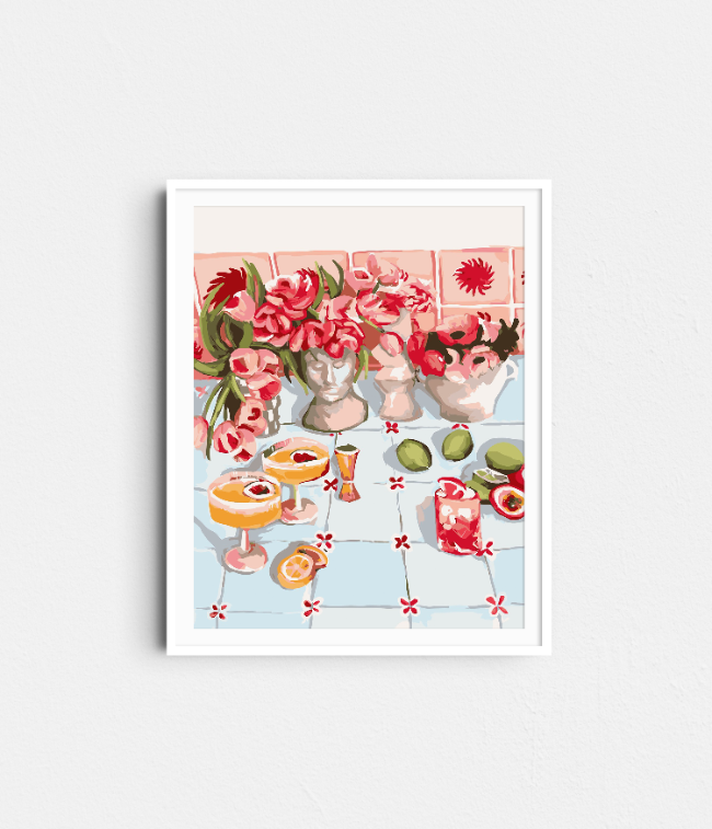 Completed Paint Like Frida Summer Fridays big rolled canvas painting in white frame hanging on the wall.