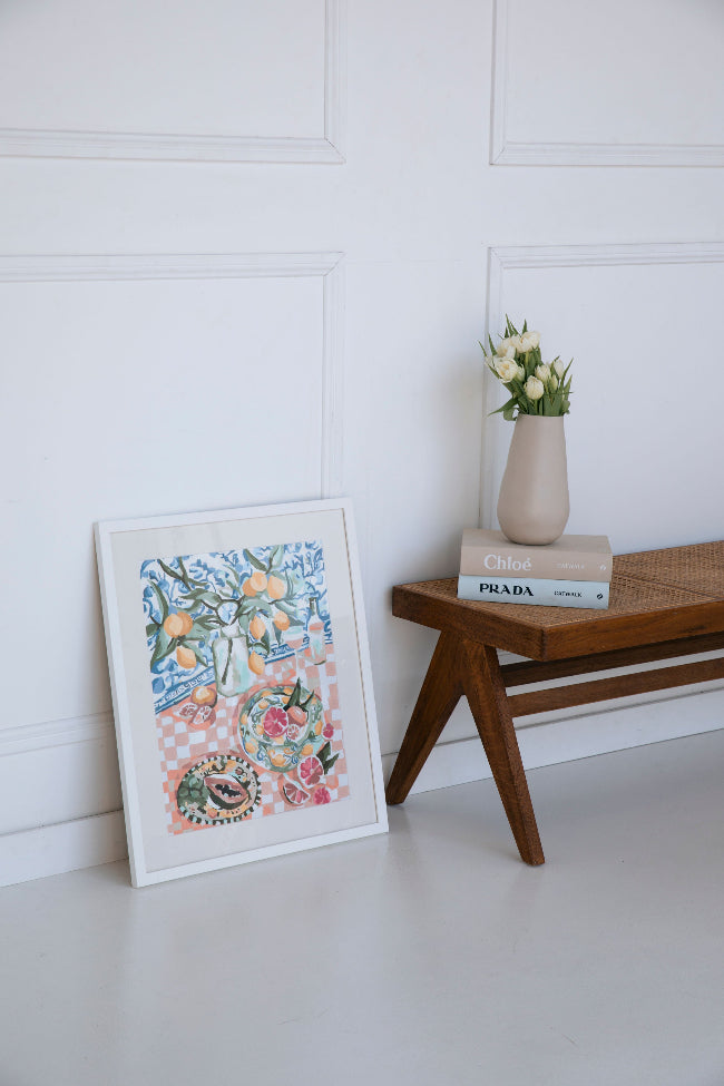 Sunday Squeeze big rolled canvas in white minimalist frame - available for sale in Paint Like Frida