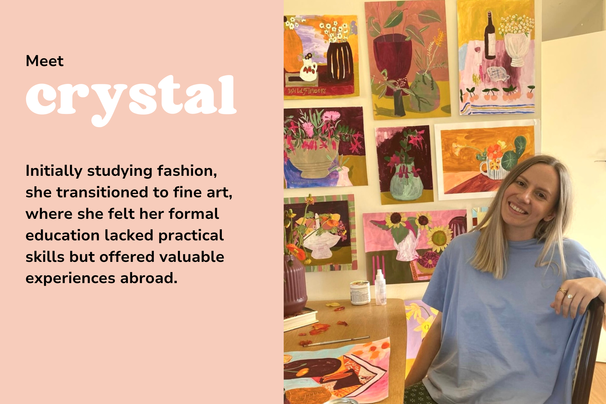 A photo of Crystal Knight and her paintings and something about herself