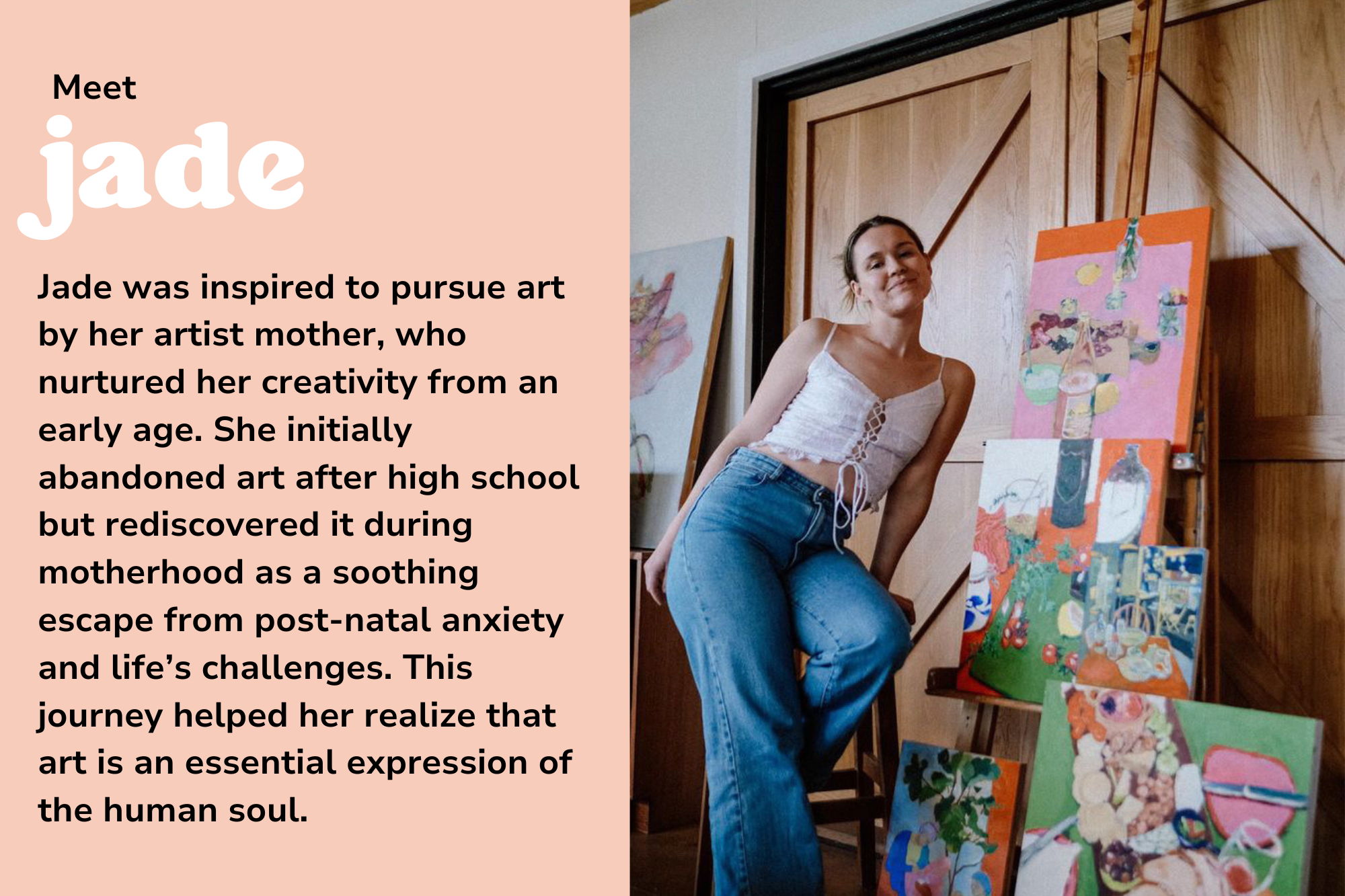 A photo of Jade and her paintings and something about her