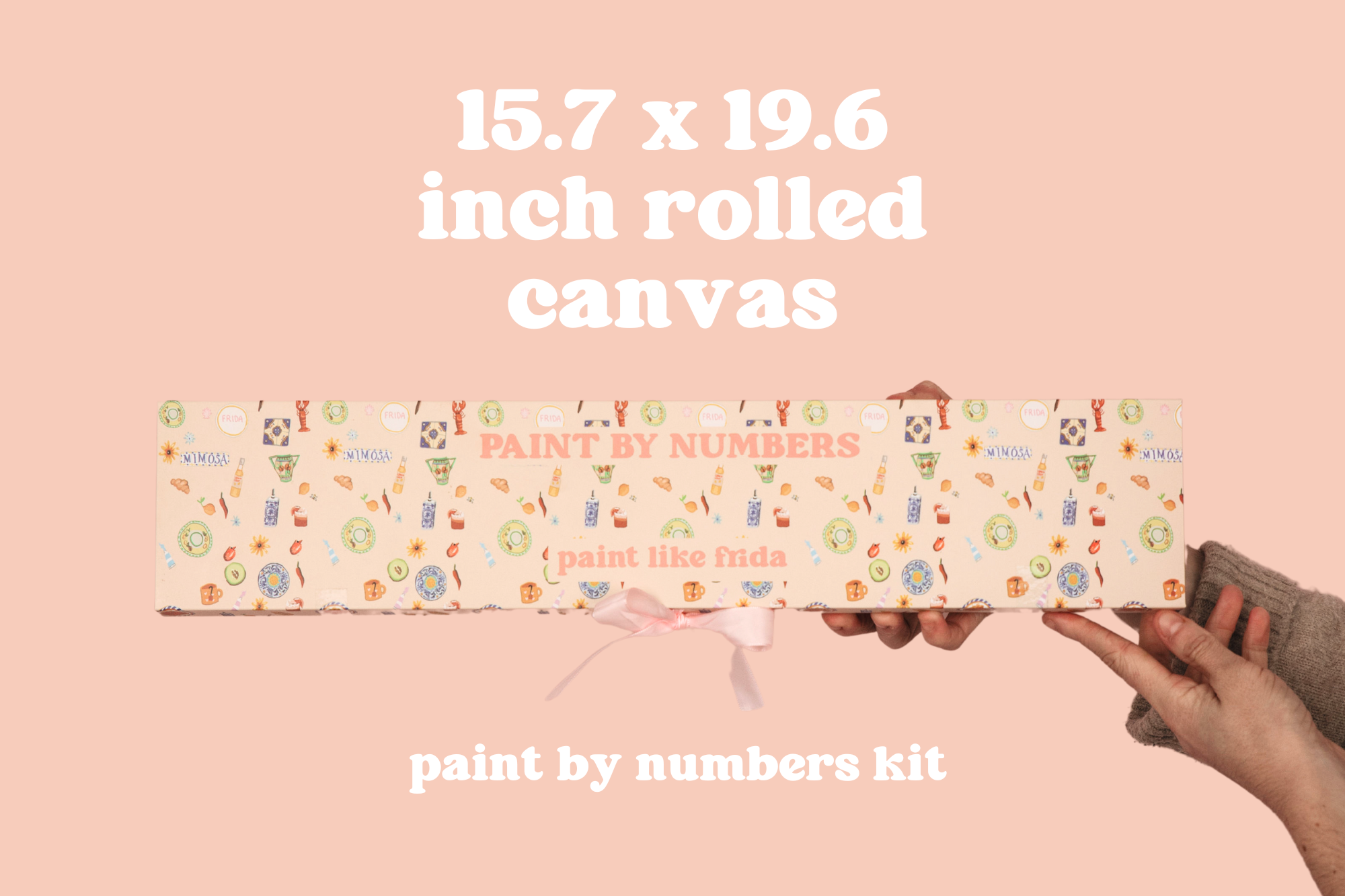 An infographic showing the dimensions of Paint Like Frida big rolled kit - 15.7 x 19.6 inch rolled canvas paint by numbers kit
