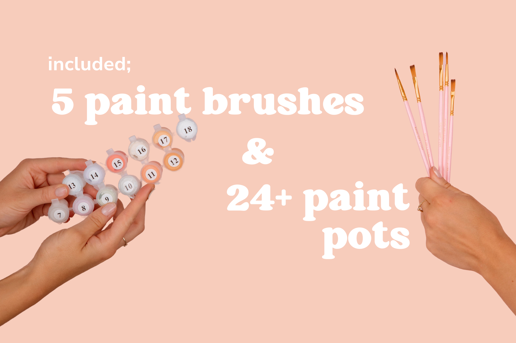 An infographic showing the inclusions of the Paint Like Frida Paint by numbers kit - which includes 5 paint brushes and 24+ paint pots