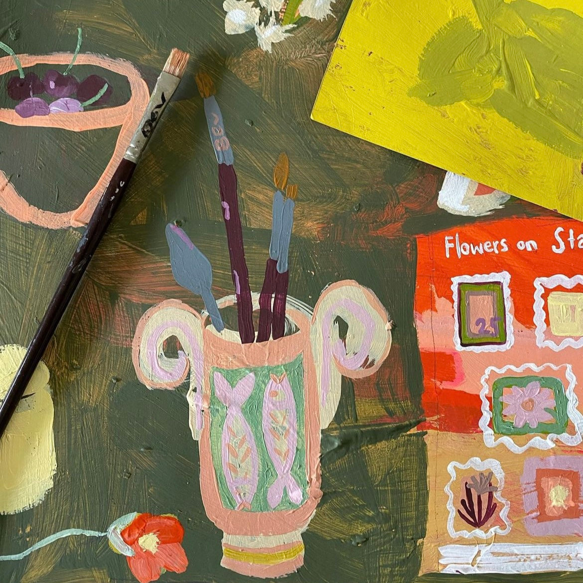 Close up of a mostly green painting in Crystals studio