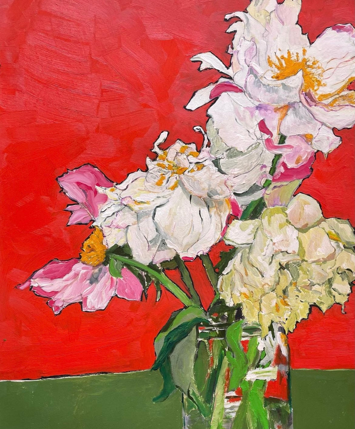 Flowers in a vase painting on a red and green background