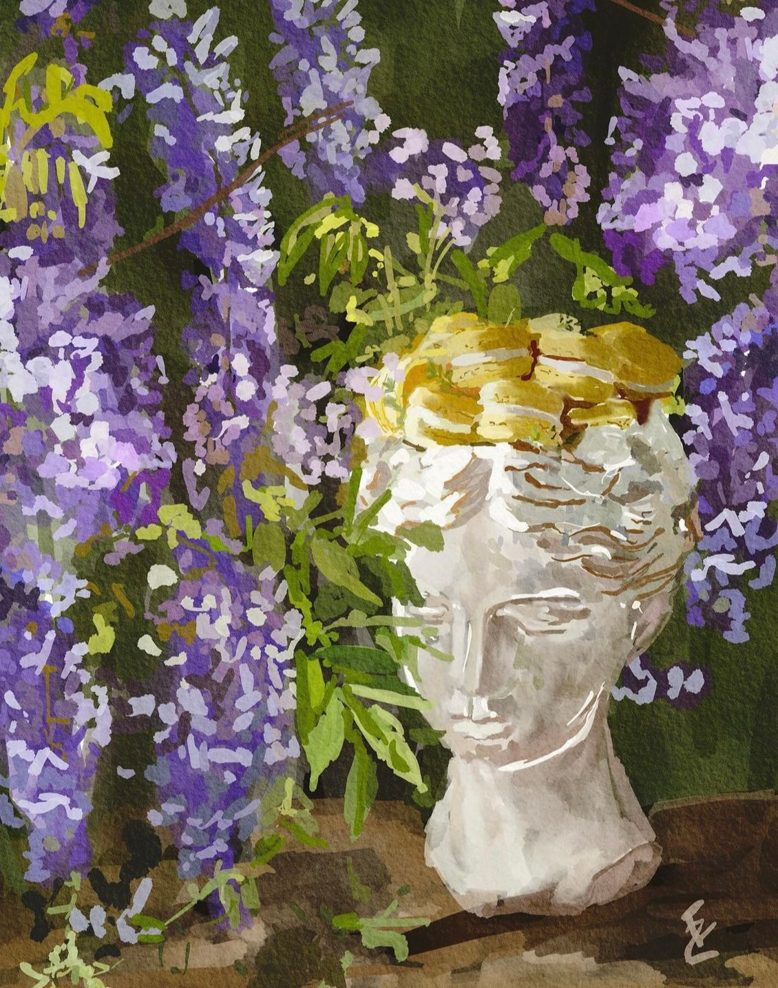 purple flowers with a head stature art -  colourful and mostly watercolour looking work, but it is actually created digitally