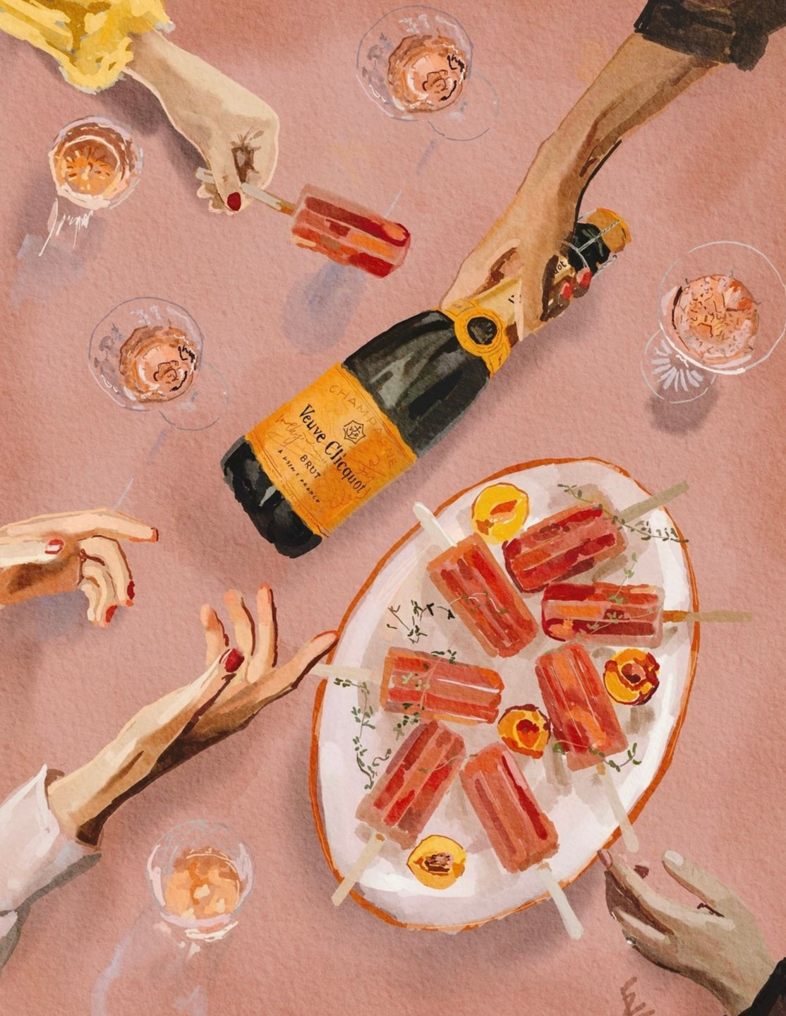 Tablescape painting - with champagne and icy poles -  colourful and mostly watercolour looking work, but it is actually created digitally