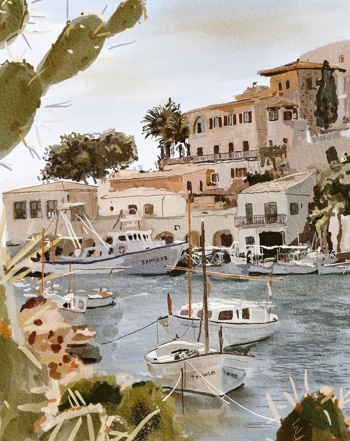 Painitng of boats in a Marina - colourful and mostly watercolour looking work, but it is actually created digitally