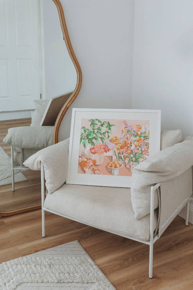 Paint Like Frida Birthday Flowers big rolled canvas in white minimalist frame