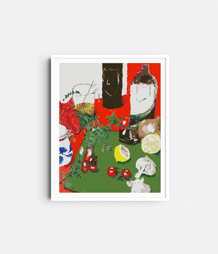 Paint Like Frida - Kitchen Chaos Big Rolled Paint by Numbers Kit - Size 15.7 x 19.6 inches Big Rolled Canvas in white frame hanging on the wall