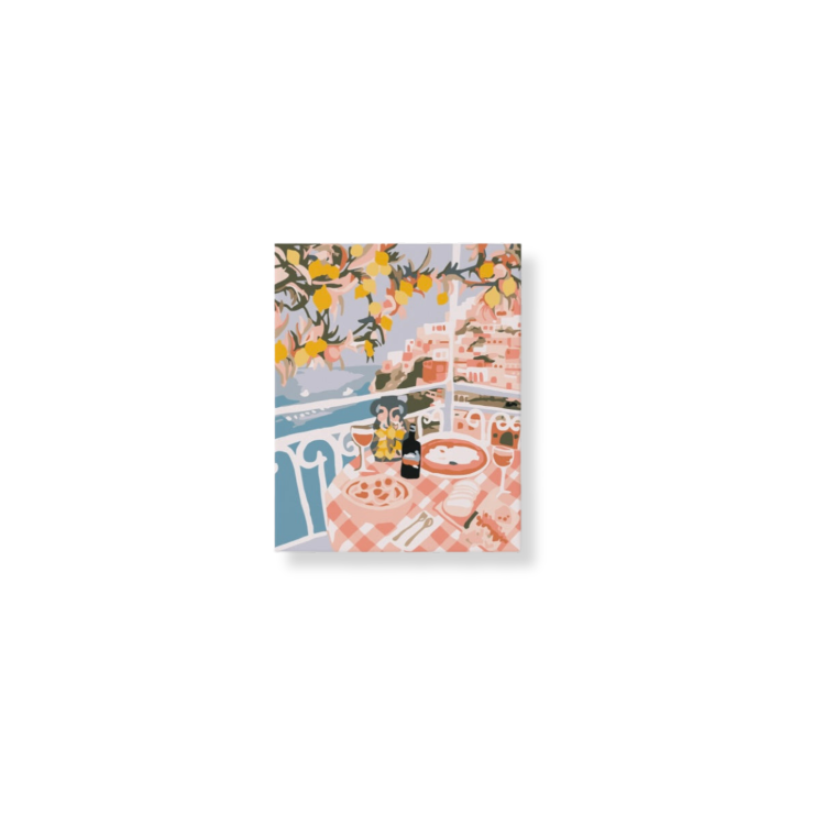 Completed Paint Like Frida Positano mini framed canvas painting hanging on the wall.
