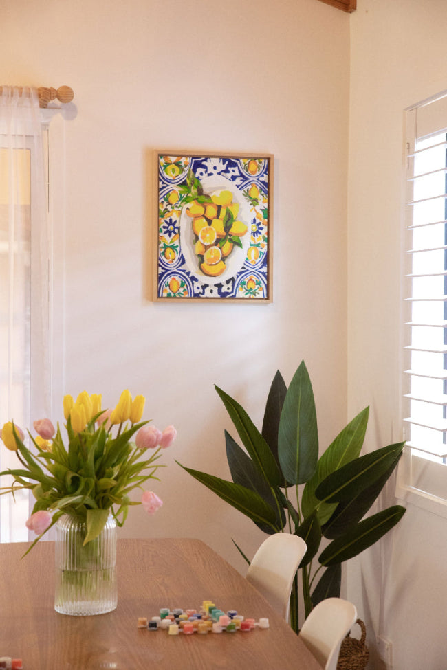 Paint Like Frida - Amalfi Lemons Big Framed Kit - Paint by Numbers Kit - Size 15.7 x 19.6 Framed Canvas - Hanging on the wall