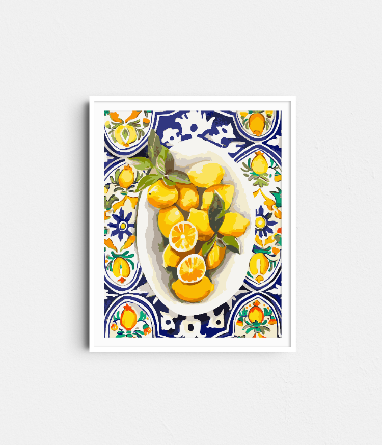 Paint Like Frida - Amalfi Lemons Big Rolled Paint by Numbers Kit - Size 15.7 x 19.6 Rolled Canvas - Amalfi Lemons Big Rolled kit in white frame