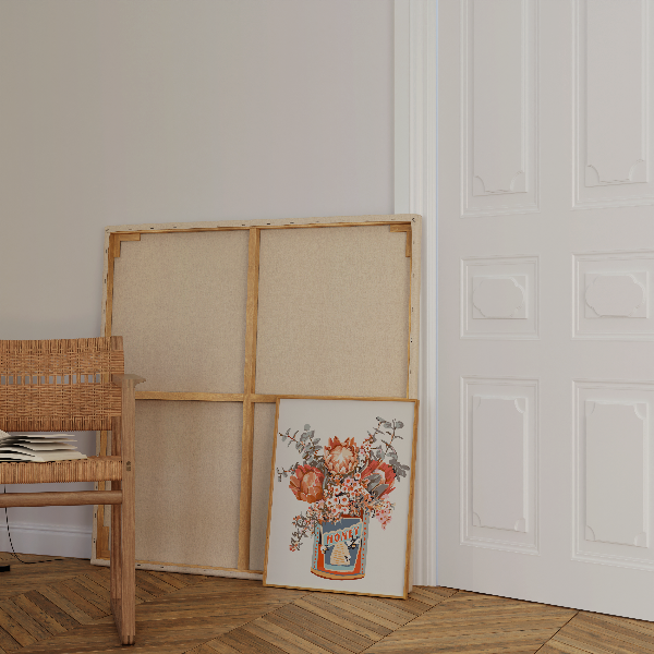 Completed Paint Like Frida Aussie Breakfast mini rolled canvas painting in DIY wooden frame.
