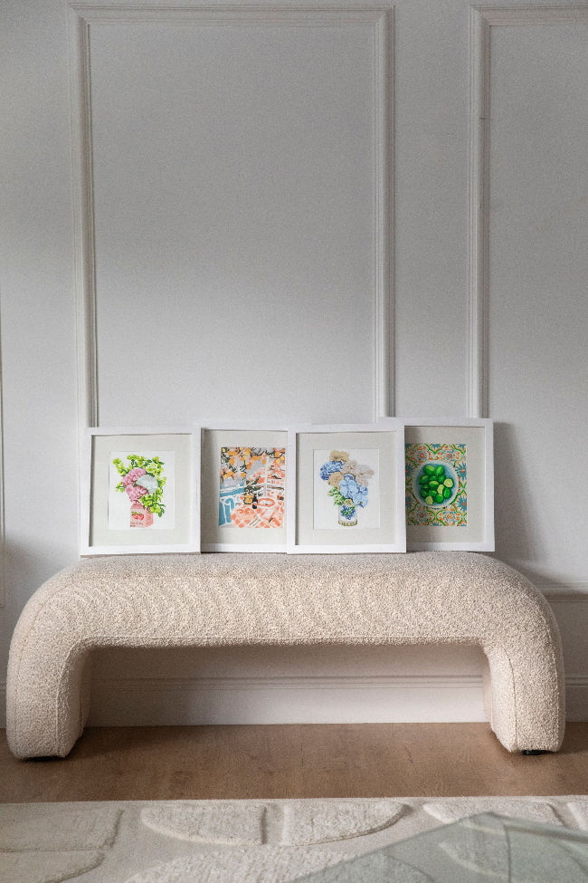 Paint Like Frida's Strawberry Milk, Positano, Blueberry Jam and Soda Lime mini rolled kits in white minimalist frames - available for sale