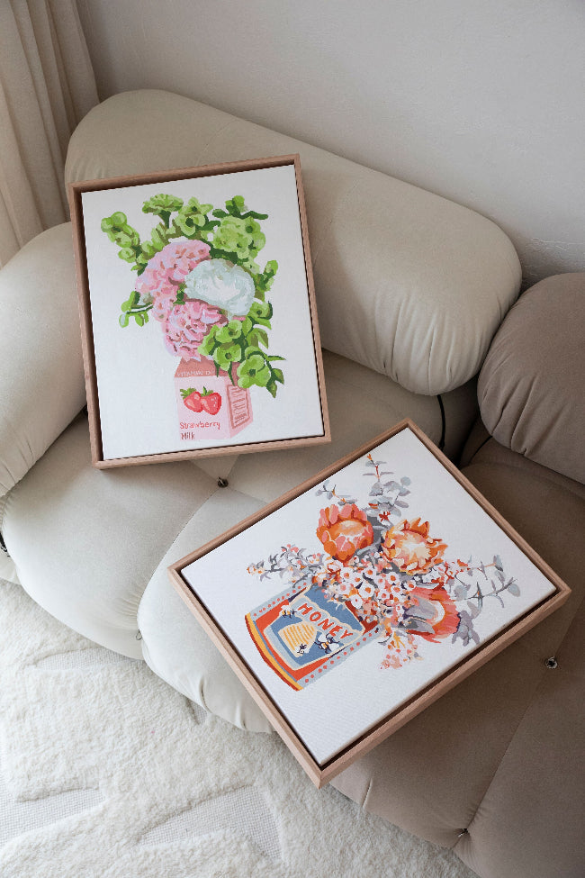 Paint Like Frida Strawberry Milk and Aussie Breakfast big framed kits in DIY wooden frames
