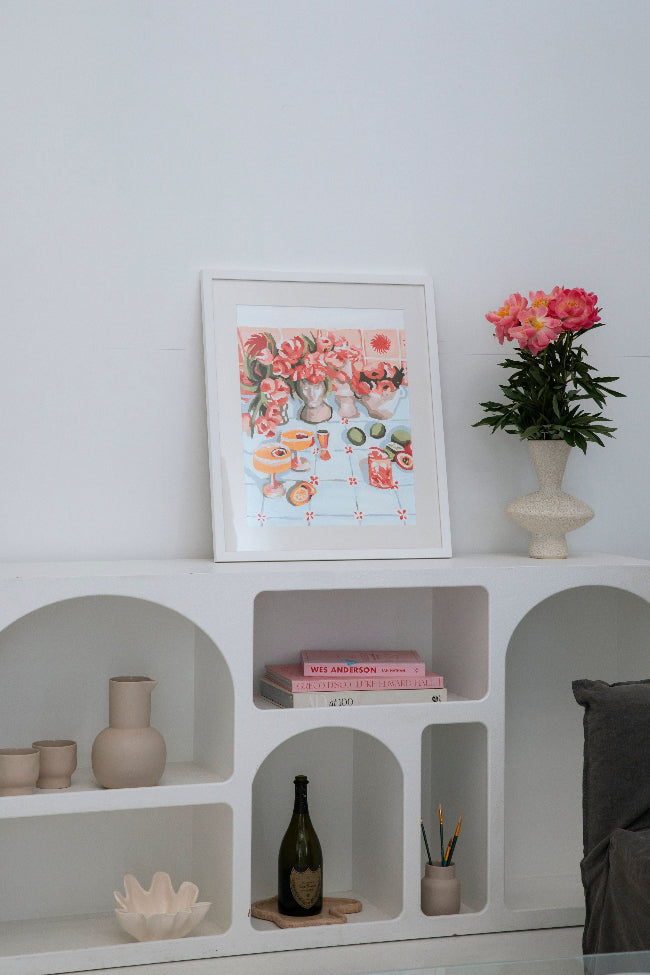 Completed Paint Like Frida Summer Fridays mini rolled canvas painting in a minimalist white frame - available for sale
